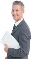 Canvas Print - Portrait of smiling businessman holding clipboard