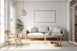 Fototapeta Przestrzenne - Modern interior design of living room with white sofa and wooden table. Home interior with white wall and window. 3d rendering. Mock-up.