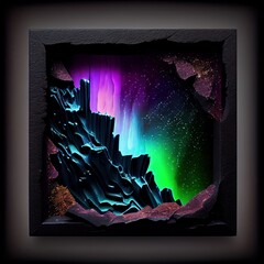 Wall Mural - A stone square frame with colorful rocks on solid background. Natural rock texture, northern light colors. Ai generated abstract illustration with a square frame made of stone.