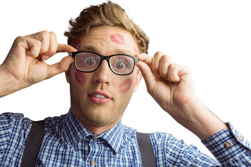 Poster - Geeky hipster covered in kisses