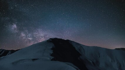 Wall Mural - time lapse of milky way galaxy stars over winter snowy mountains in cold starry night sky astronomy