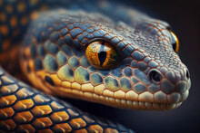Generative AI Image Of Snake With High Detailed Head In Black And Yellow Skin With Curved Body Over Green Blurred Background