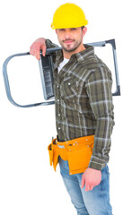 Wall Mural - Smiling manual worker carrying step ladder