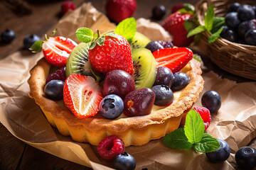 Freshly baked fruit tart  with a golden crust and fresh berries