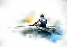 Rowing The Sport Or Pastime Of Propelling A Boat By Means Of Oars.Rowing Player In Action During Colorful Paint Splash, Isolated On White Background. AI Generated Illustration.