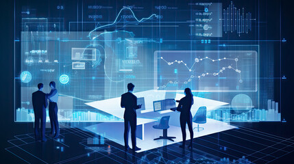 Wall Mural - vector image business team with graph in background Data science analises, blue color pallet - generative AI