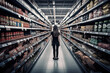 Woman standing in supermarket interior among shelves and choosing products. Created with Generative AI