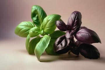  a group of green and purple leaves on a table top next to a brown background with a light brown back ground and a light brown back ground.  generative ai