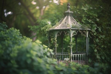 Poster -  a gazebo surrounded by greenery in a park setting with sunlight shining through the leaves on the tree branches and the gazebo in the foreground.  generative ai