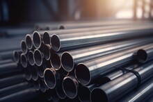  A Stack Of Steel Pipes In A Warehouse With Sunlight Coming Through The Window And A Stack Of Steel Pipes In The Foreground Of The Photo.  Generative Ai