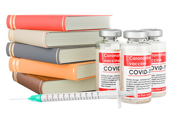 Poster - books with vaccine, 3d rendering