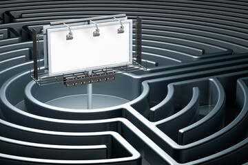 Poster - empty outdoor advertising billboard inside labyrinth, maze. 3d rendering