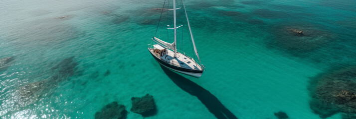 Wall Mural - Aerial view of a luxury sailing boat in clear tropical blue water. Generative ai