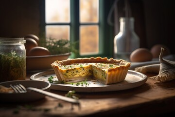 Wall Mural -  a quiche on a plate with a fork and a jar of eggs in the background on a table with a window and utensils.  generative ai