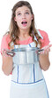 Surprised hipster woman holding pressure cooker