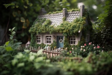  a doll house with a fence and flowers around it and a green house with a blue door and window and a fence with flowers around it.  generative ai