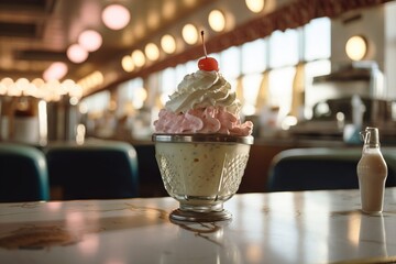 Poster -  a cupcake with a cherry on top of it sitting on a table next to a bottle of milk and a glass bottle of milk.  generative ai