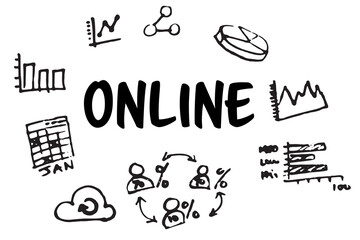 Poster - Online text surrounded by various vector icons