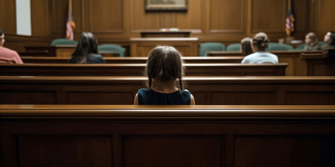 lonely child in a courtroom, the field of child advocacy (created with Generative AI)