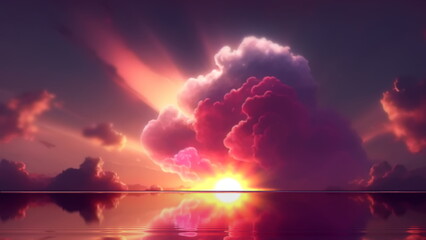 Wall Mural - orange pink lilac sunset on gloudy sky at sea water reflection seascape sun down