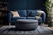 Navy stool with fabric couch in grey living room. Blue ottoman on striped carpet. Generative AI