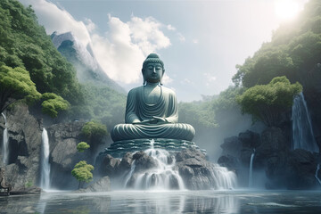 photo a statue of buddha sits on a mountain top with clouds in the background.
