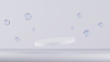 Poster - white mockup podium or pedestal with bubble glass, empty platform for product showcase, 3d rendering