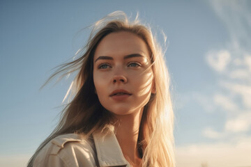 A beautiful portrait of a blonde young woman with a sunny sky background created with generative AI technology.