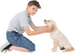 Boy touching puppy 