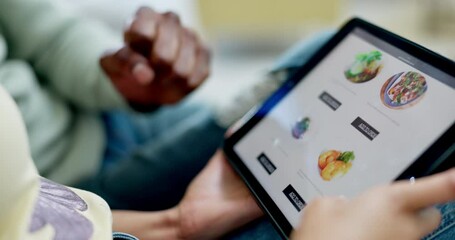 Aufkleber - Tablet screen, online shopping and hands of couple for food choice, dinner or lunch in home living room. Ecommerce, menu and man and woman with technology to scroll on restaurant website for meal.