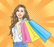 Happy teenage girl shopping using credit card and paying cash.Illustration