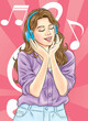 Young woman enjoying music in her headphones show a happy face.illustration
