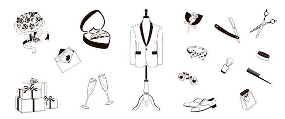 Wall Mural - set  items needed for a groom to look his best in wedding day, black and white vector illustration
