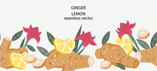 Wall Mural - Seamless decorative border with ginger roots and flowers and lemon. Ginger or turmeric and lemon seamless border design, flat vector illustration isolated on background.