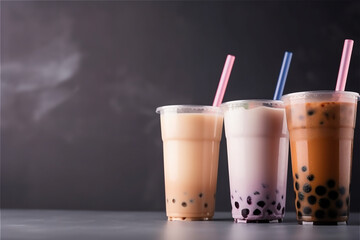 bubble tea with tapioka pearls on a dark background with copy space. AI generated content