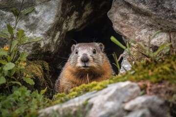 Poster - Marmot in her hole's door. Generative AI