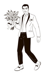 Wall Mural - groom walking with roses flowers bouquet black and white illustration 