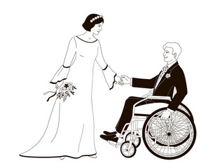 Wall Mural - wedding ceremony for people with disabilities, bride give her hand for  groom in wheelchair, black and white illustration