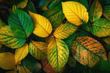 Poster - colorful foliage background with leaves overlapping each other. Generative AI