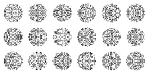 Set of vector Egypt cover templates, decorative african circles, geometric ethnic shapes. Black and white art decoration round shapes set.