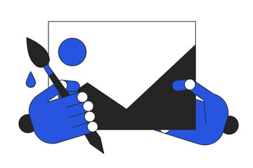 Poster - Creating AI-generated image duo color line concept vector spot illustration. Editable 2D flat duotone cartoon robotic hands on white for web design. Online bot creative idea for website, social media