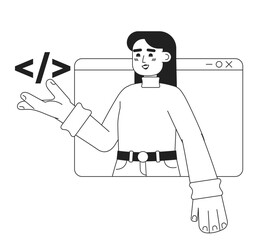 Poster - Web engineer building website code black and white concept vector spot illustration. Editable 2D flat monochrome cartoon character for web design. Creative line art idea for website, mobile, blog