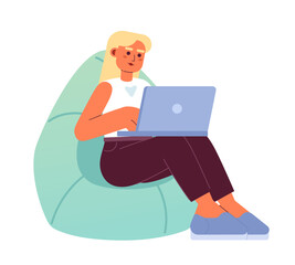 Poster - Girl comfortably working from home semi flat color vector character. Freelancer. Editable figure. Full body person on white. Simple cartoon style spot illustration for web graphic design and animation