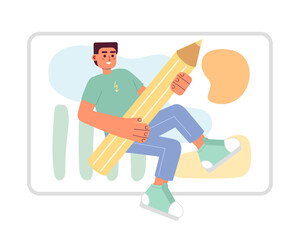 Poster - Graphic designer freelancer flat concept vector spot illustration. Editable 2D cartoon character on white for web design. Freelance artist work from home creative idea for website, mobile, magazine
