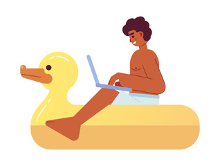 Poster - Remote freelancer working from anywhere semi flat color vector character. Man with laptop on duck float. Editable person on white. Simple cartoon spot illustration for web graphic design and animation