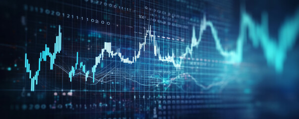 Poster - Business analysis and economic graph charts are displayed on a blue screen against a blurry background. Business world and economy . Generative AI