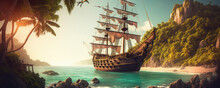 Pirate Adventure On The High Seas. Large Pirate Ship Making Its Way To The Bay Of A Tropical Island. Generative AI