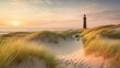 Serene and picturesque beach scene on the island of Sylt, Germany, capturing the pristine white sand, rolling waves of the North Sea, and a majestic lighthouse	
