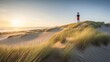 Serene and picturesque beach scene on the island of Sylt, Germany, capturing the pristine white sand, rolling waves of the North Sea, and a majestic lighthouse	

