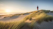 Serene And Picturesque Beach Scene On The Island Of Sylt, Germany, Capturing The Pristine White Sand, Rolling Waves Of The North Sea, And A Majestic Lighthouse	
